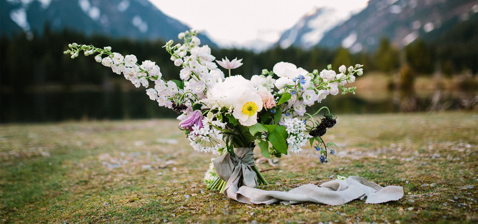 bouquet in front of mountains