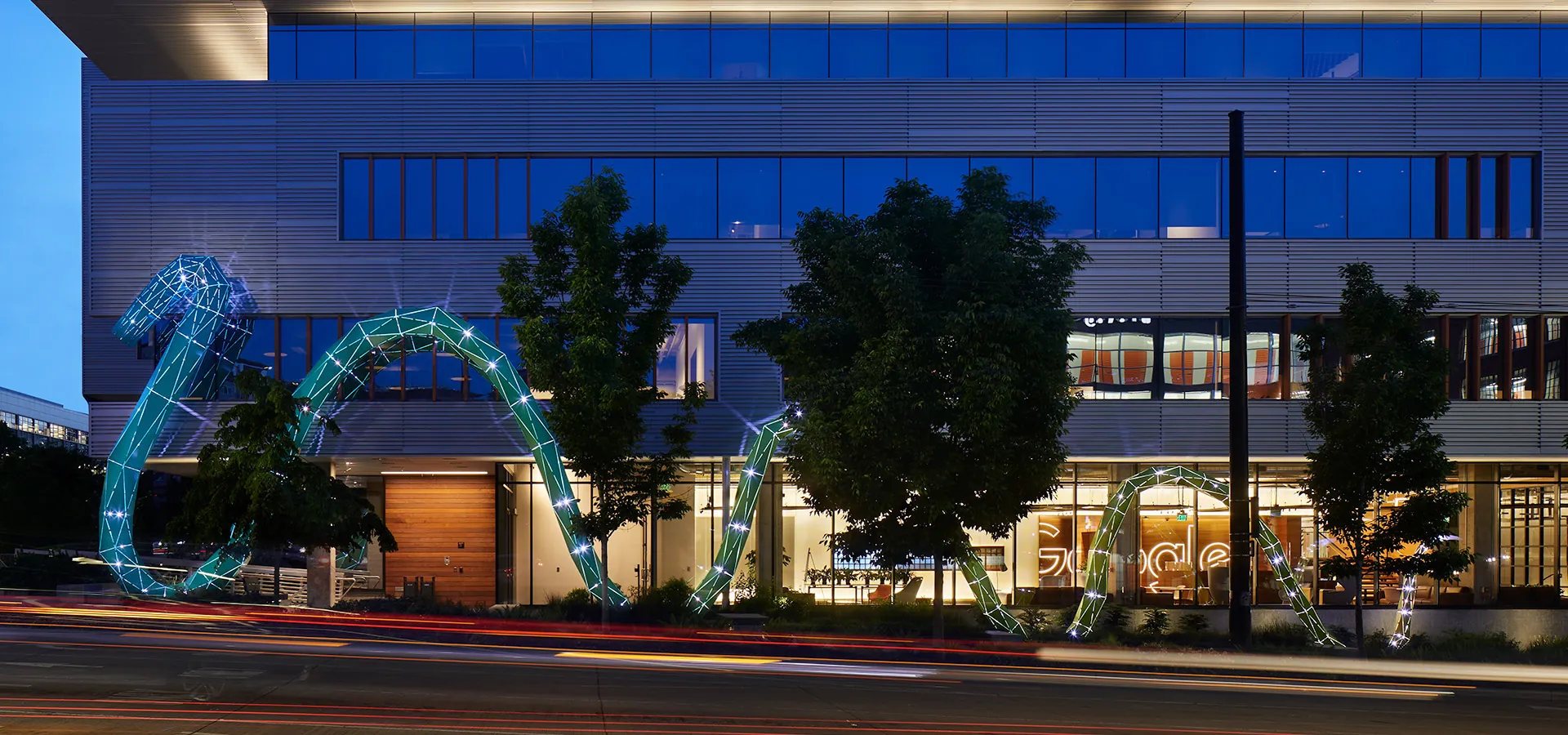 public art lit up at night